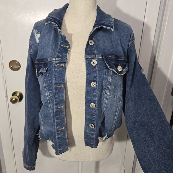 Ashley Stewart Cropped Distressed Denim Jacket Lace Up Detail In Back Sz 18/20 - Picture 1 of 11